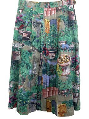 Geiger A-line Midi Skirt Size 46 Wool Pleated Gardening Print Colorful Vintage